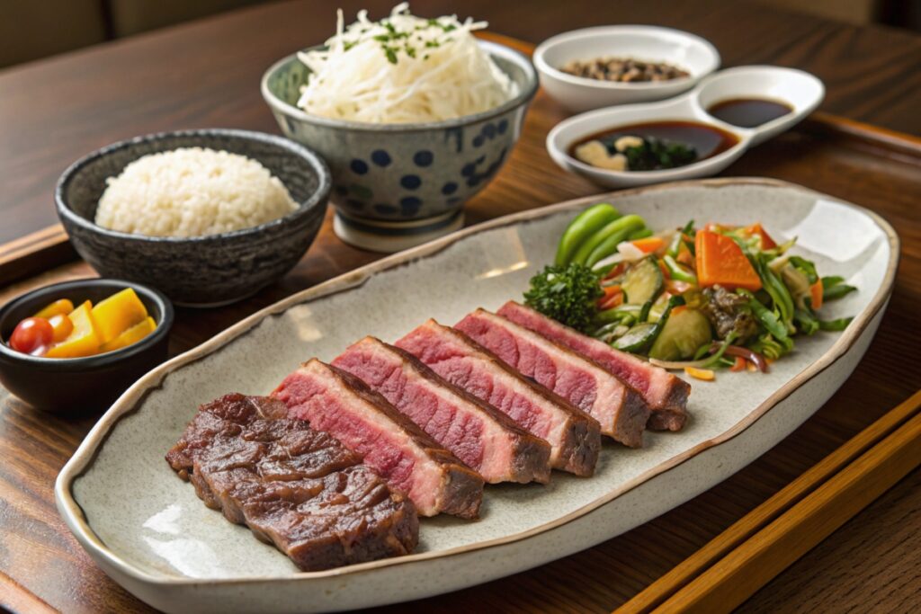 Serving platter with tender Japanese beef short ribs surrounded by steamed rice, salad, pickled vegetables, and dipping sauce