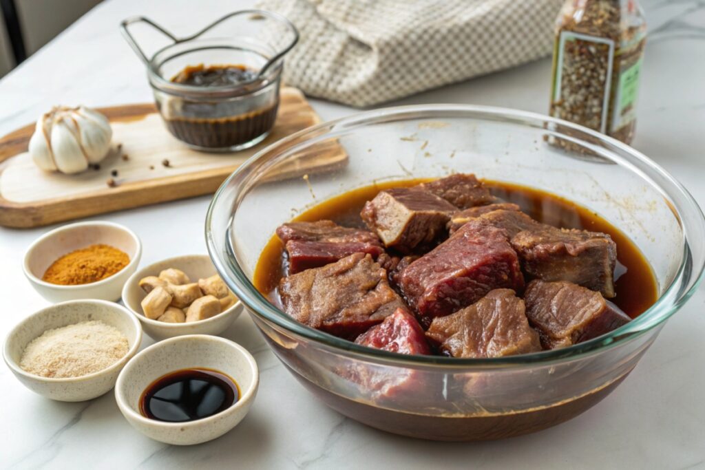 Beef short ribs marinating in a soy-based Japanese marinade with ginger and garlic.