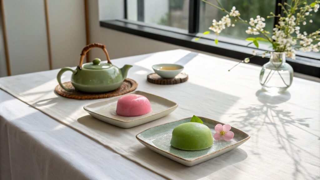 Wagashi served with green tea and a flower, showcasing simple and elegant presentation, Traditional Japanese Desserts Recipe