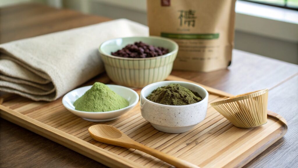 Key ingredients like anko, matcha, and rice flour neatly arranged for Japanese dessert making.