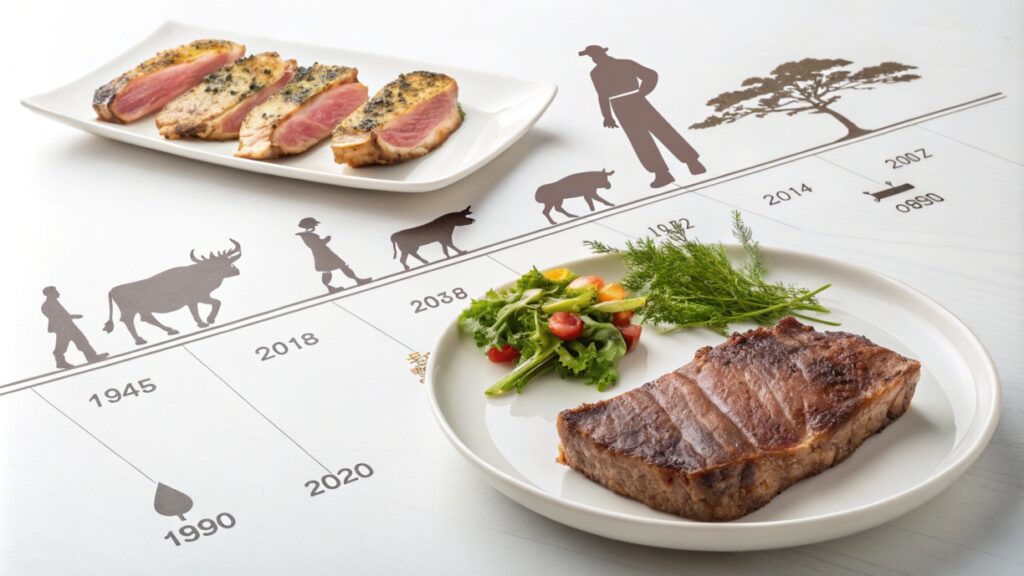 A timeline illustrating Japan’s evolving relationship with beef, culminating in modern steak preparation.
