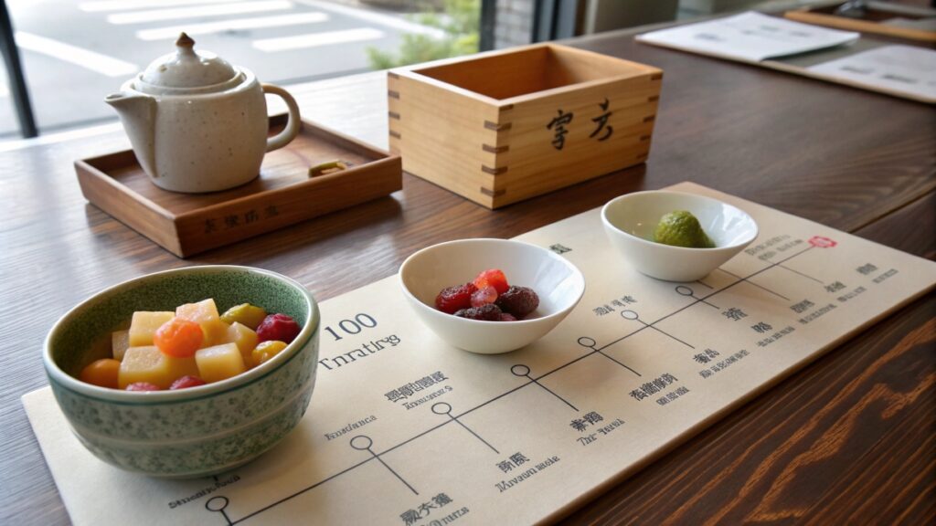 A timeline depiction showing the evolution of Japanese desserts from simple fruits to refined wagashi.