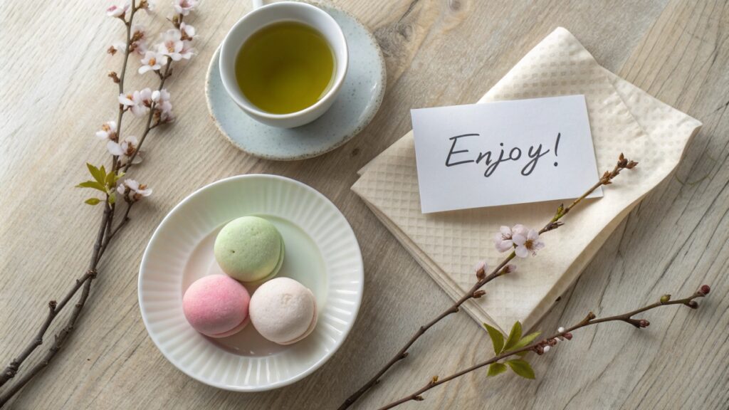 A serving suggestion: two mochi with green tea and a note, creating a welcoming dessert moment.