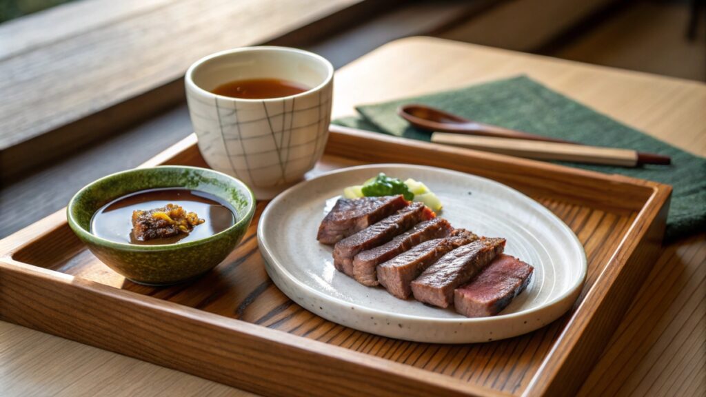 Sliced Japanese steak served with dipping sauce and green tea, concluding the meal

