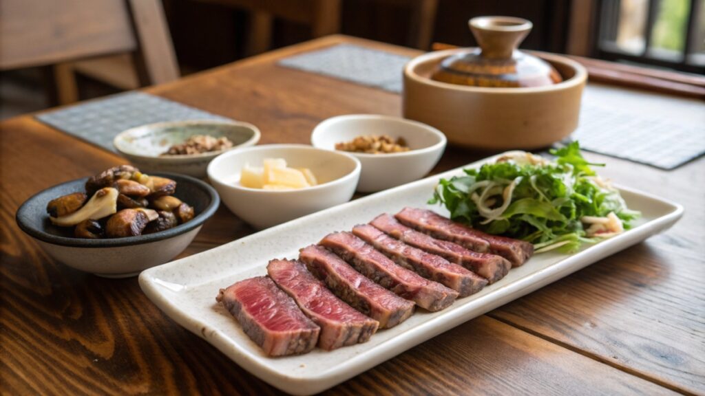 Sliced Japanese steak served family-style with assorted sides for a cozy gathering
