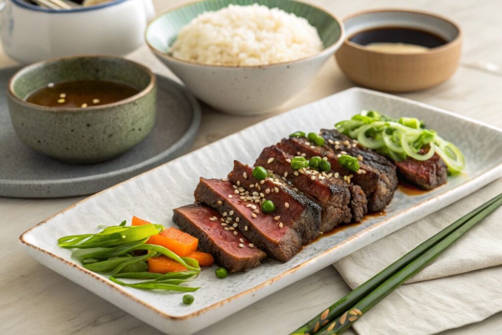 Elegant presentation of traditional Japanese beef short ribs with green onions, sesame seeds, steamed rice, and vegetables on a dining table.