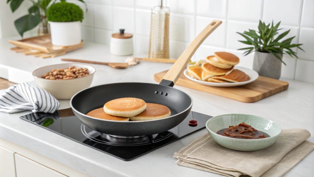 Homemade dorayaki pancakes being cooked, ready to be filled with sweet bean paste.