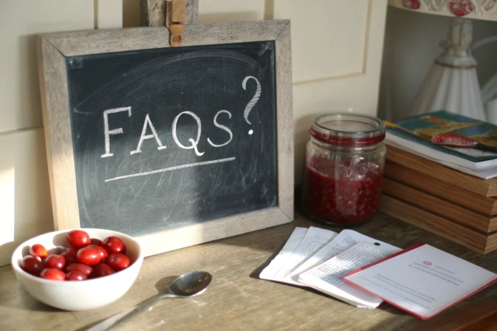 A simple FAQs about Japanese Dogwood Fruit Recipes, setup with dogwood fruits and jam beside a chalkboard sign.