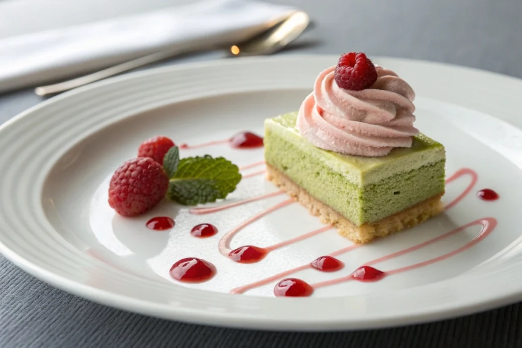 A modern fusion dessert featuring matcha sponge cake and dogwood fruit mousse.