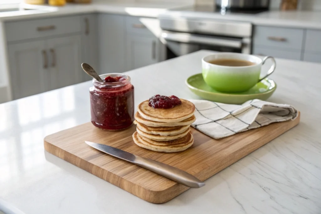 A breakfast scene featuring dogwood fruit jam on pancakes, paired with green tea.