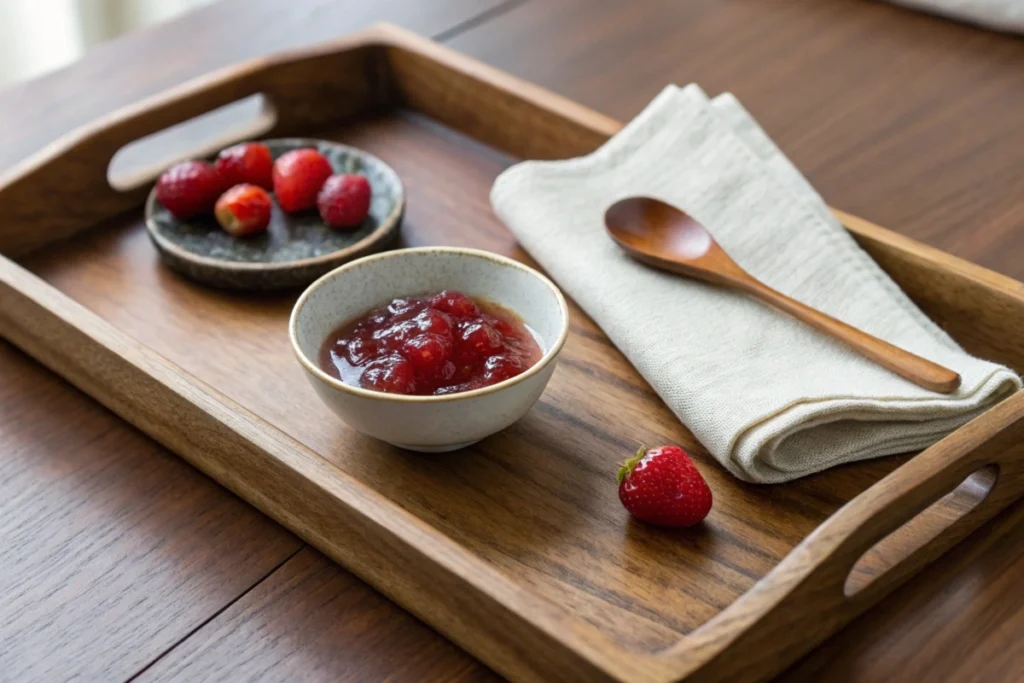 A refined dessert presentation: dogwood fruit jelly served on a wooden tray.