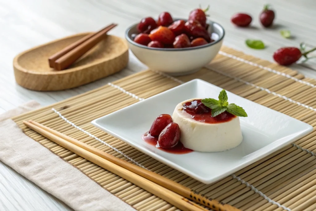 A tofu panna cotta topped with dogwood puree, showcasing subtle Japanese flavor harmony.