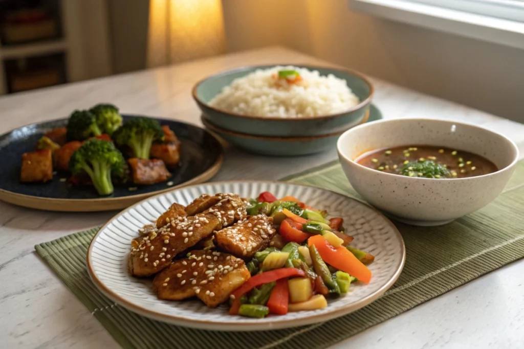 Three easy Japanese dishes—Teriyaki Chicken, vegetable stir-fry, and miso soup—presented for a simple, flavorful dinner.