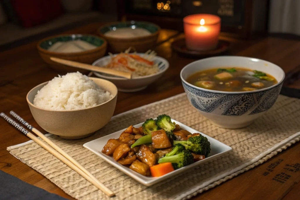 A cozy dinner table layout displaying teriyaki chicken, stir-fried veggies, miso soup, and rice, summarizing easy Japanese cooking.