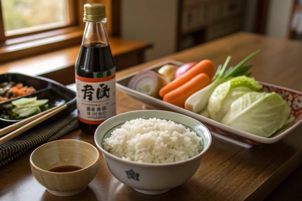 Core Japanese cooking elements: rice, soy sauce, miso, and fresh veggies forming the base of easy recipes.