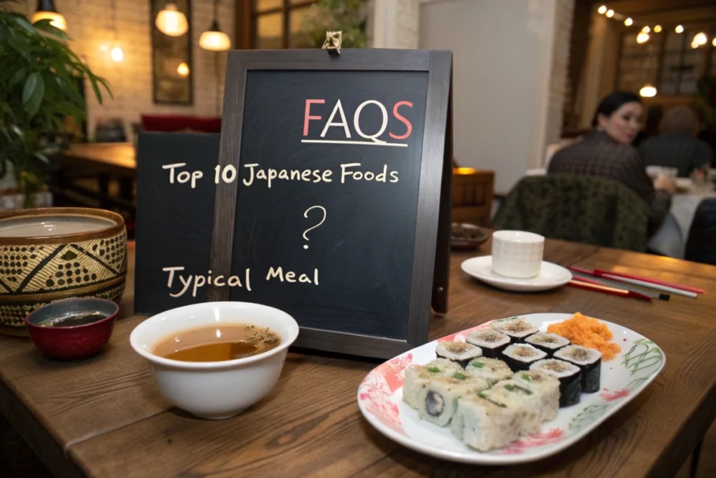 A chalkboard labeled ‘FAQs’ next to miso soup and sushi, answering common questions about easy Japanese recipes.