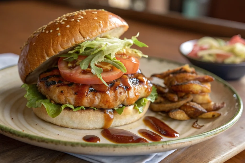 A fusion teriyaki chicken burger melding Japanese sauce with classic Western burger elements for a fun dinner idea.