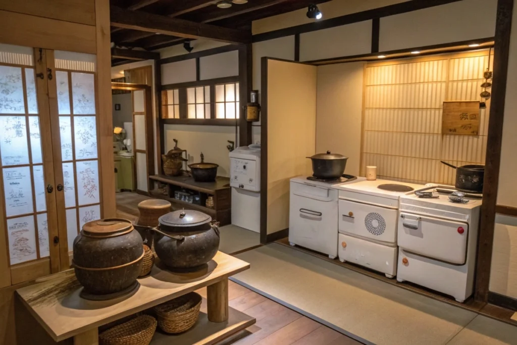 A timeline showcasing Japan’s evolution from traditional Edo-era cooking to modern home kitchens emphasizing quick, easy meals.