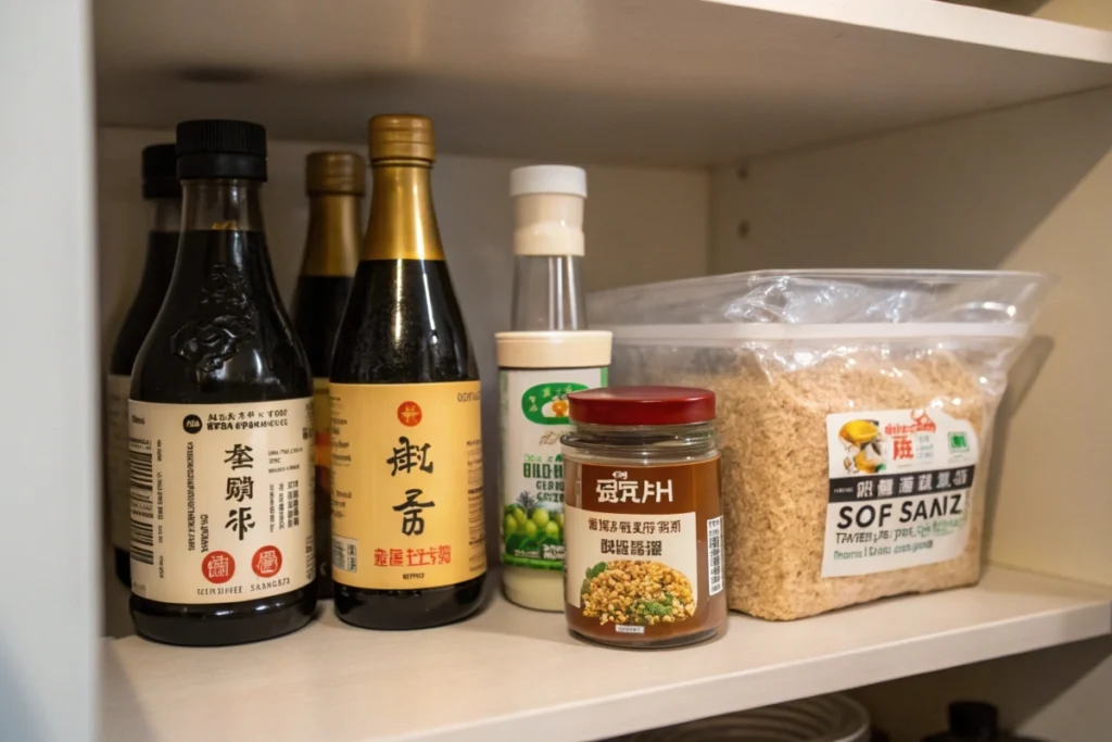 A neatly arranged pantry with soy sauce, miso paste, dashi granules, mirin, and rice for easy Japanese cooking.