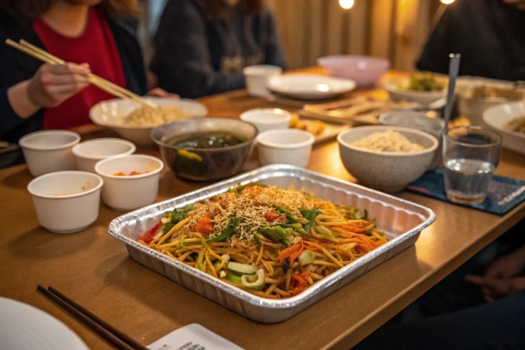 A vibrant Japanese stir-fry dish placed at the center of a potluck table, inviting guests to enjoy a simple, shared meal.