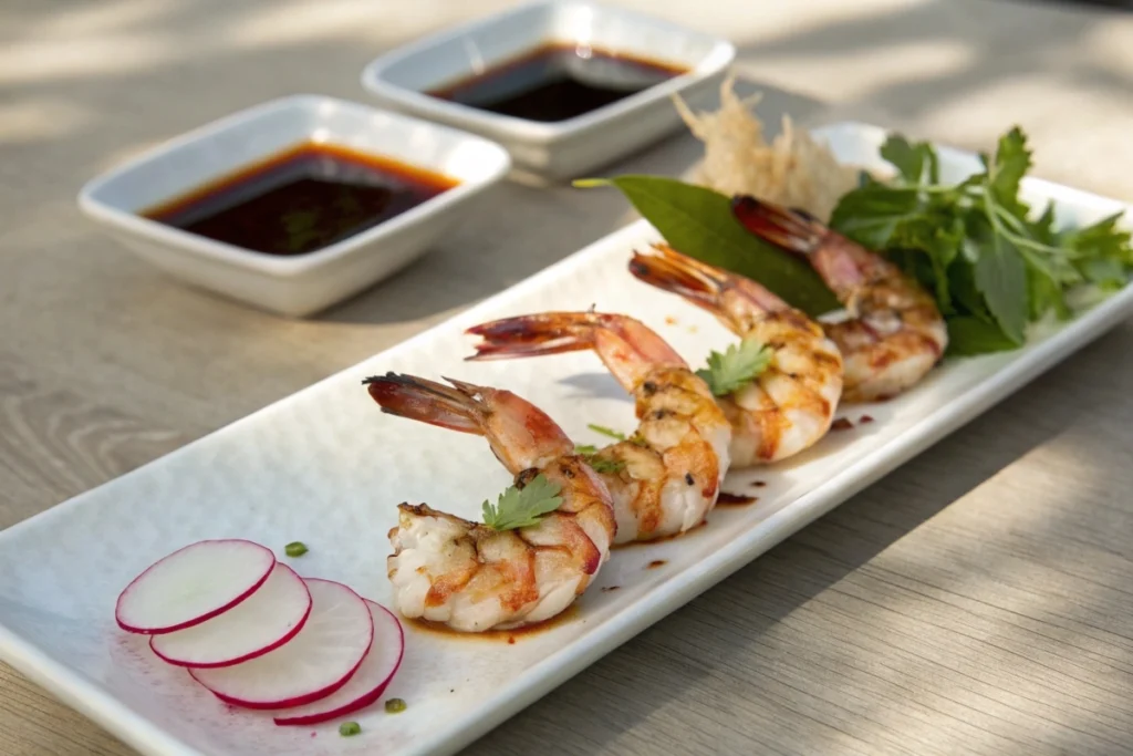Elegantly plated Japanese shrimp garnished with shiso and served with soy-ginger sauce