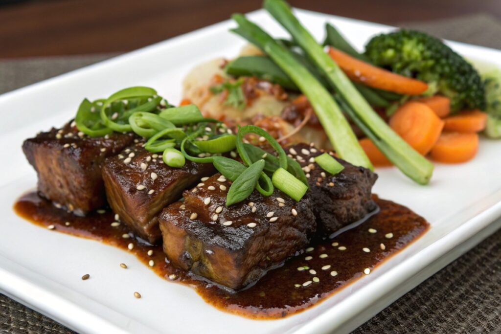 Elegant presentation of Japanese beef short ribs with green onions, sesame seeds, and steamed vegetables.