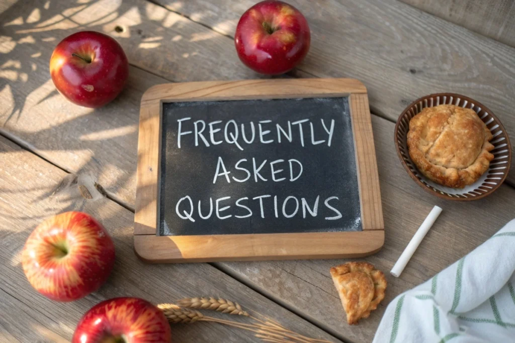 A chalkboard with FAQ text next to fresh apples and baking tools. about Apple Pastry Recipes Japanese