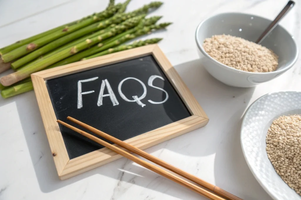 A chalkboard labeled ‘FAQs’ beside asparagus, sesame seeds, and chopsticks for a simple Q&A setup.