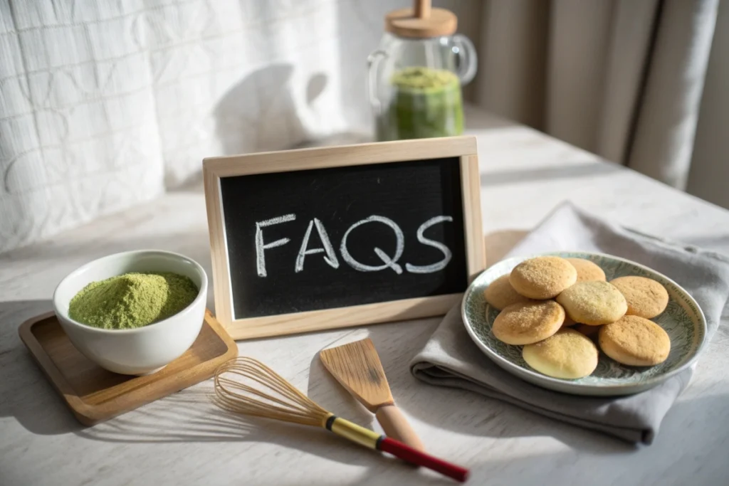A chalkboard FAQs sign surrounded by shiroi koibito-style cookies and baking essentials.