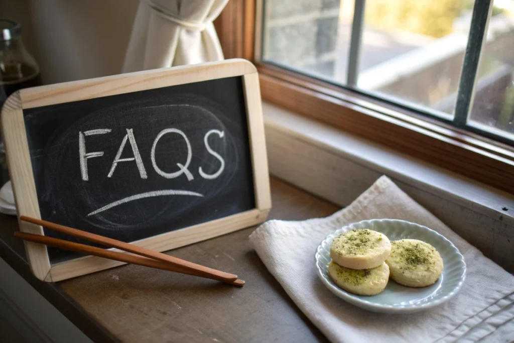 A chalkboard FAQs sign with thin matcha-dusted Japanese butter cookies beside it.