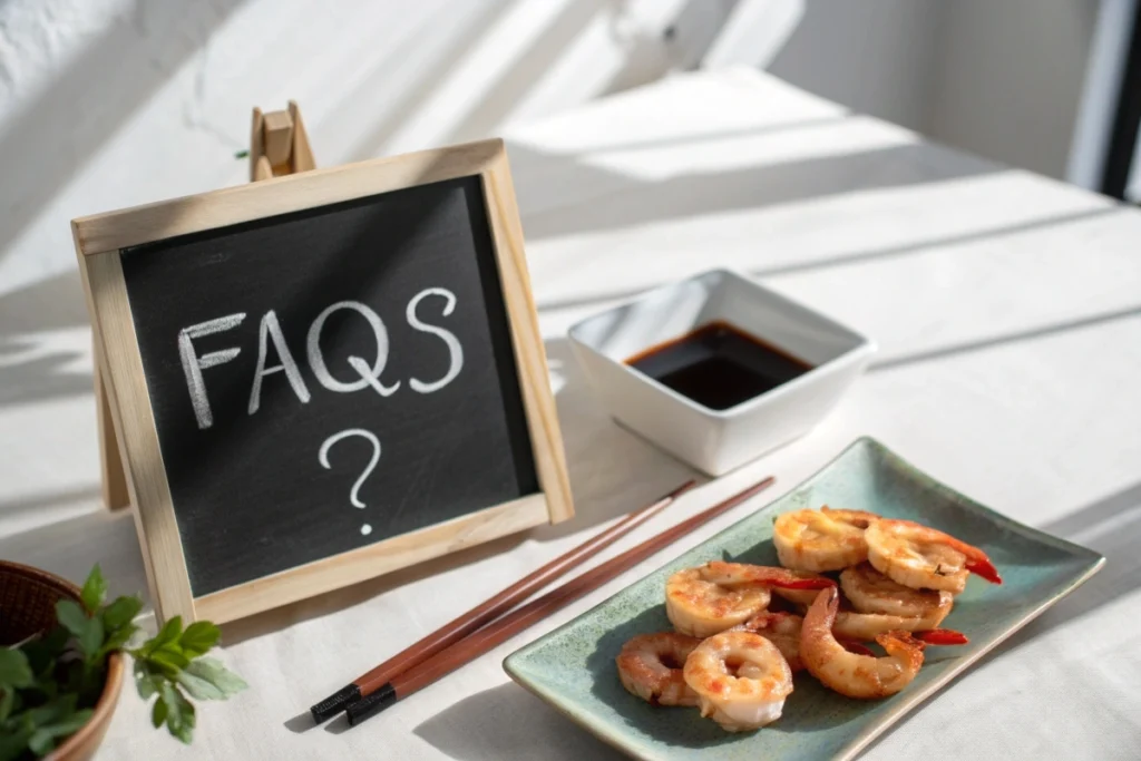 Chalkboard FAQs about Japanese Shrimp Recipes: sign with grilled shrimp and soy sauce on the side