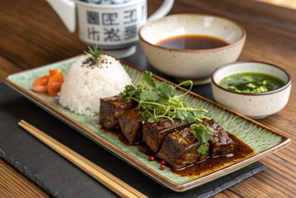 Final plated Japanese beef short ribs served with steamed rice, soy dipping sauce, and green tea on a wooden table.