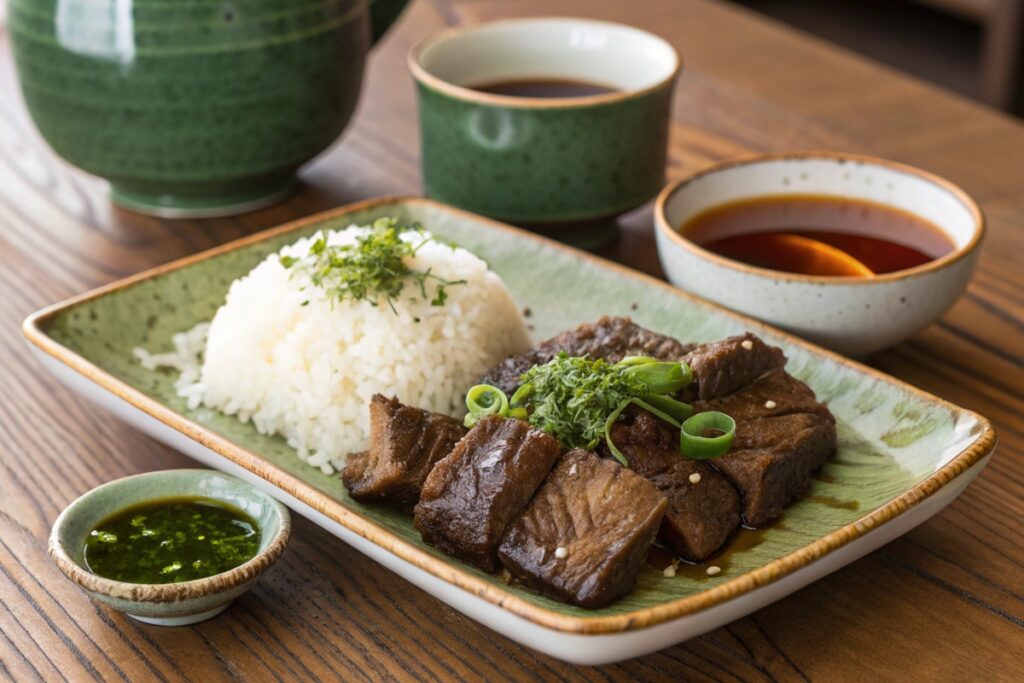 Final plated traditional Japanese beef short ribs served with steamed rice, soy dipping sauce, and green tea on a wooden table.
