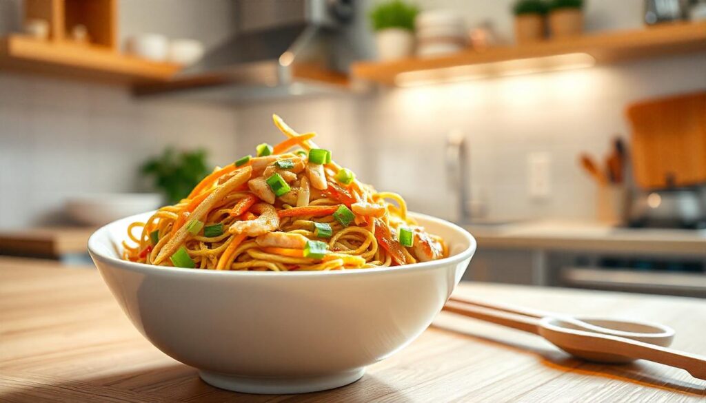 A bowl of Japanese pan-fried noodles garnished with green onions and carrots on a wooden countertop.
