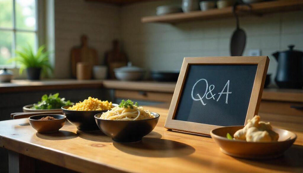 Q&A board with noodles and seasonings on a wooden countertop about noodles japanese pan noodles recipe.