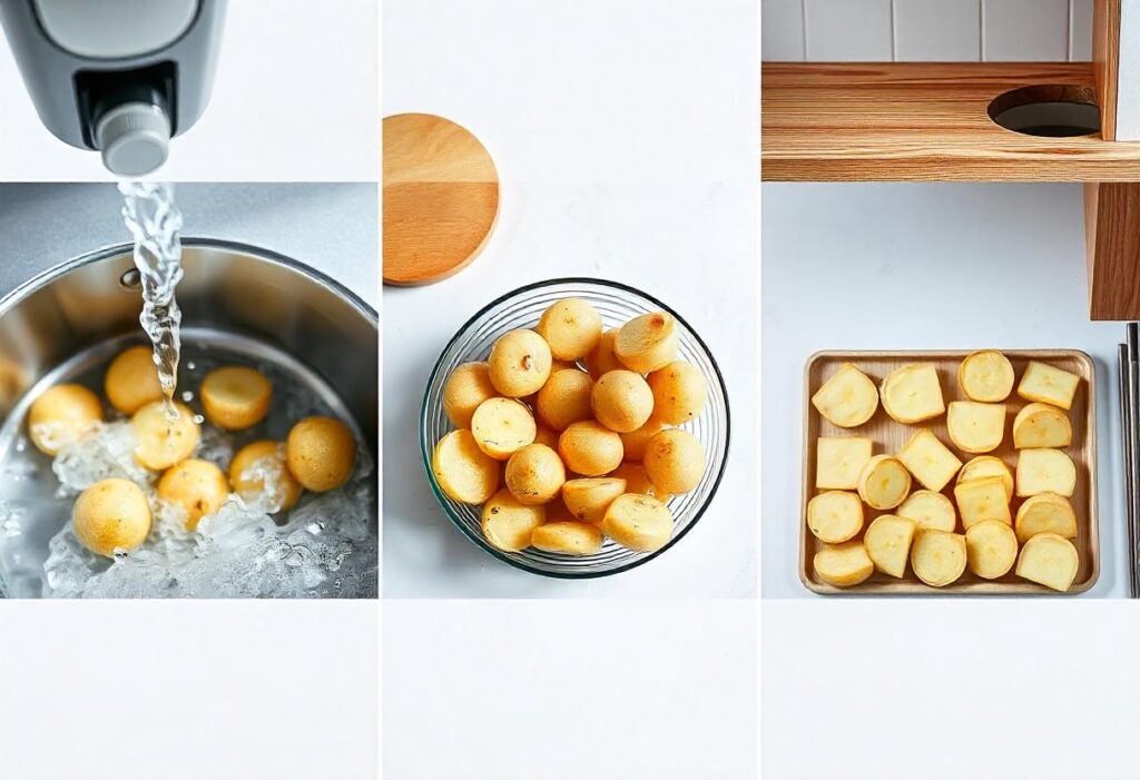 Preparation steps for Japanese sweet potatoes air fryer recipe: washing, peeling, and cutting into uniform wedges in a modern kitchen.