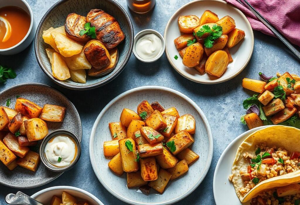 Various presentations of air-fried Japanese sweet potatoes: served with grilled chicken, teriyaki tofu, dipping sauces like miso butter and garlic aioli, and integrated into grain bowls and tacos