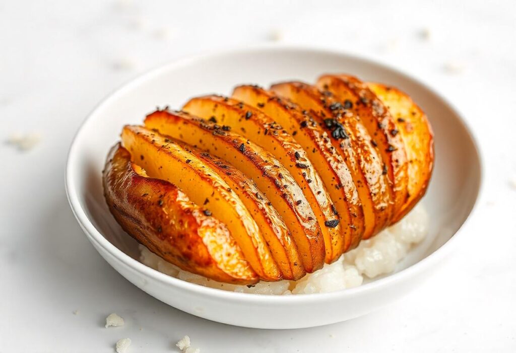 Hasselback style Japanese sweet potatoes with thin slits and vegan miso butter, air fried and served on a white plate.