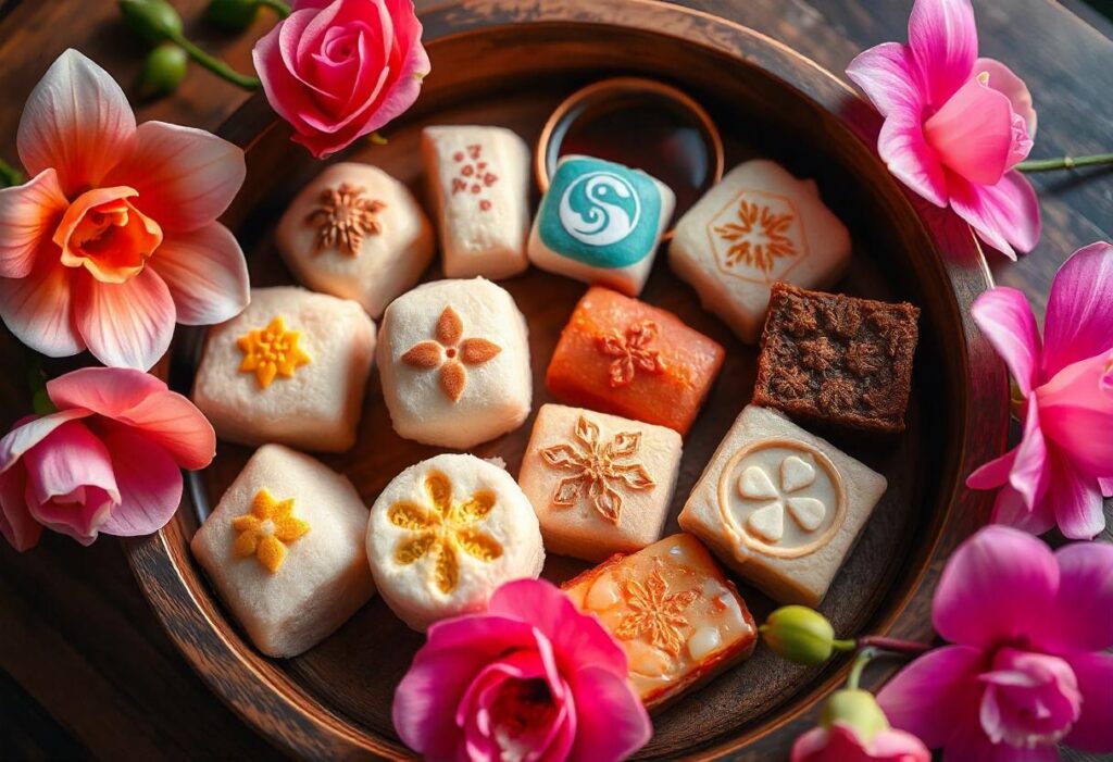 Assortiment de mochi et daifuku, gâteaux de ri délicats."