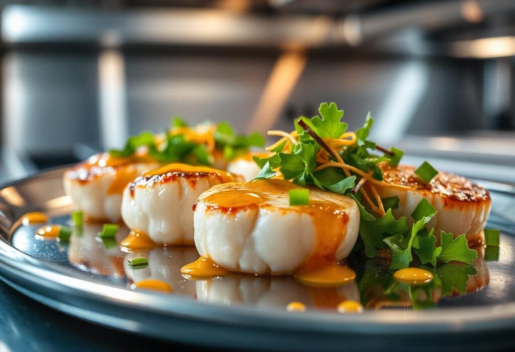 Fresh scallops displayed on a platter, showcasing their quality and freshness.
