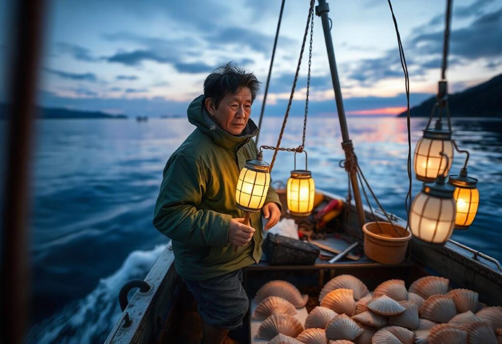 Cold waters of Hokkaido with fishing boats, highlighting the origin of the scallops
