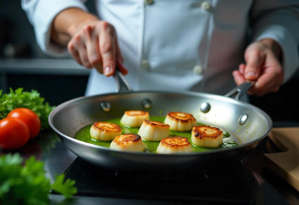 Scallops being cooked in a skillet with sauce being added for a classic Japanese scallop recipe
