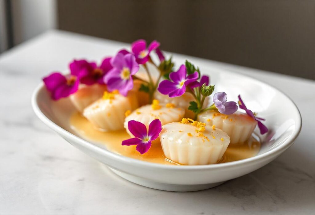 Beautifully plated Japanese scallops on a traditional dish, garnished with edible flowers and yuzu zest
