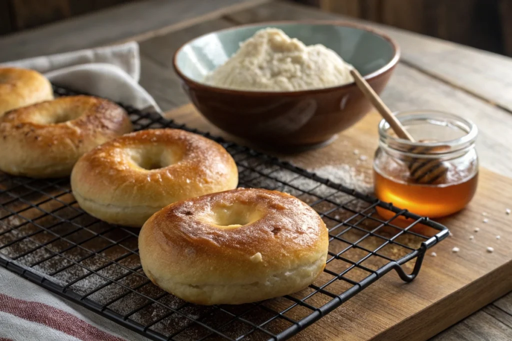 Freshly baked Japanese bagels with a golden, shiny exterior, served alongside mochi flour and honey.