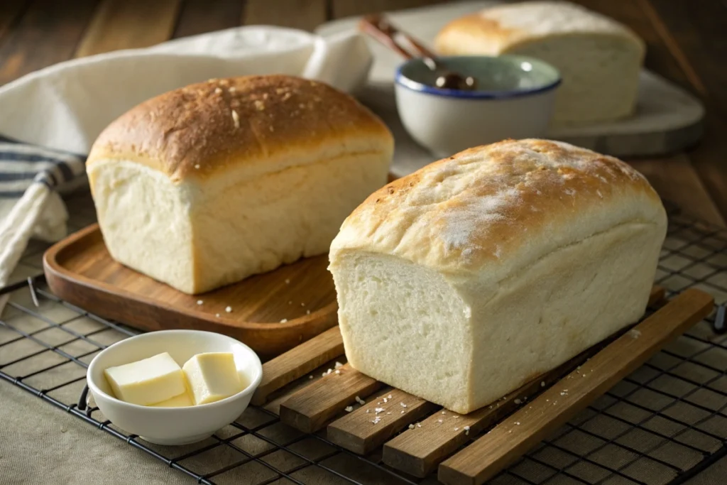 Two loaves of fluffy Japanese rice bread on a cooling rack, highlighting their soft, golden crust.