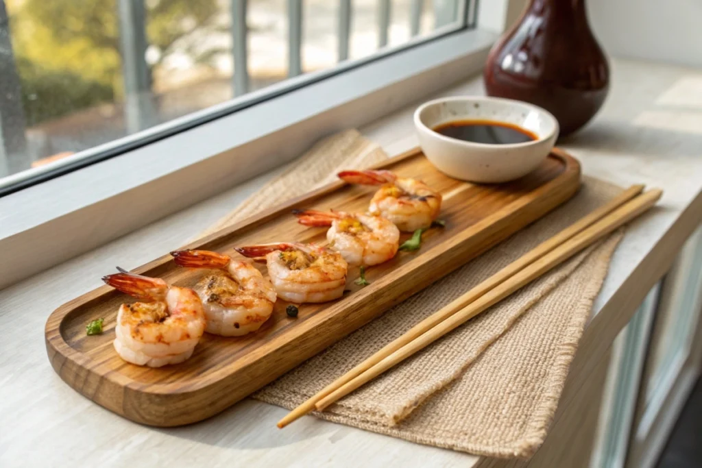 Grilled shrimp neatly arranged on a wooden board with a citrus-soy dip