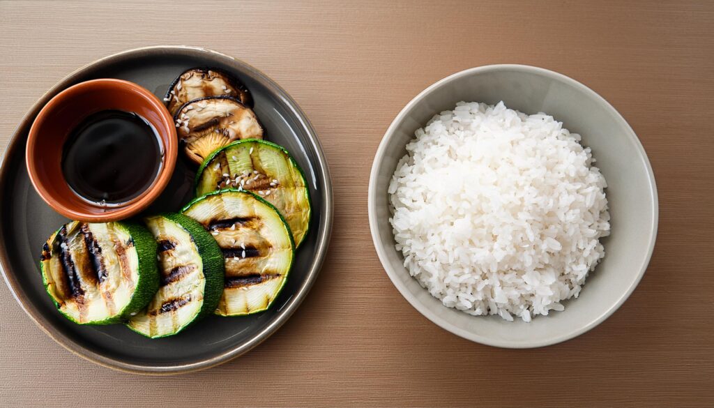 Assiette minimaliste de légumes grillés, riz et sauce soja évoquant la simplicité japonaise.
