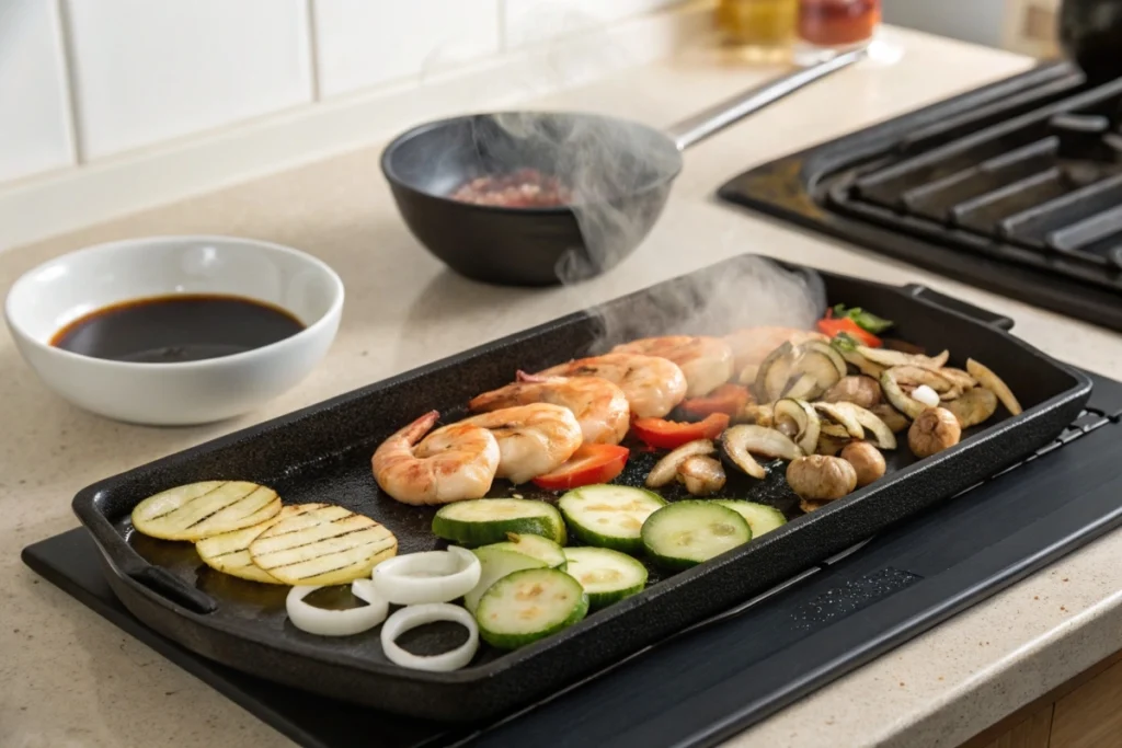 Shrimp and vegetables sizzling on a cast-iron griddle, ready for hibachi-style cooking