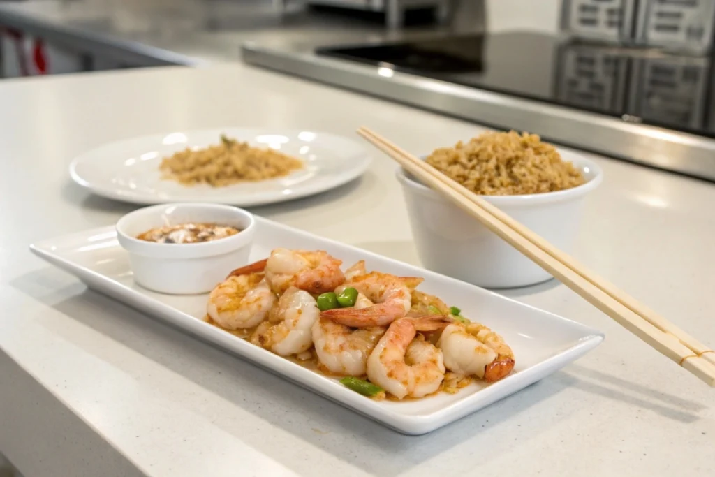Hibachi shrimp served with chicken fried rice on a modern kitchen counter