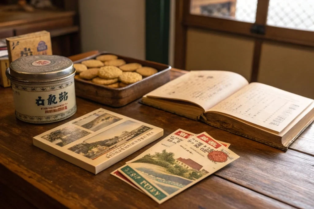 A historical-themed setup showing old Japanese recipe books, vintage biscuit tins, and postcards from Hokkaido.